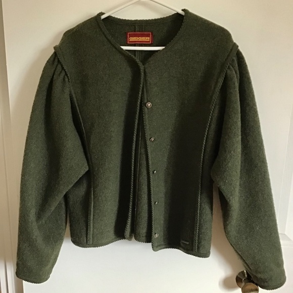 Geiger Women Pure Virgin Wool Cardigan Sweater Long Puff Sleeve Green Size L XL - Picture 1 of 8